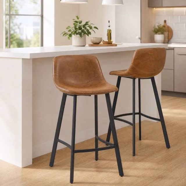 STILVORA Set of 2 Industrial Bar Stools with Brown Faux Leather and Metal Frame – 1