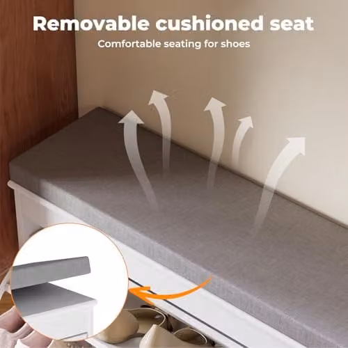Levede Modern Shoe Storage Bench with Grey Fabric Cushion and Adjustable Shelves, W/D/H: 60 x 24 x 51 cm – 5