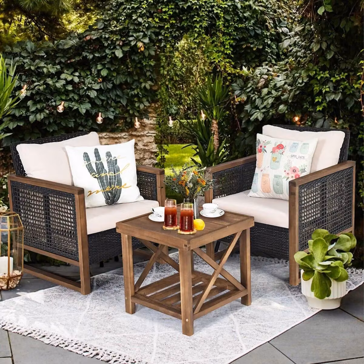 Costway 3-Piece Outdoor Patio Furniture Set with Acacia Wood Coffee Table and Brown Polyrattan Lounge Armchairs with Upholstered Cushions – 2