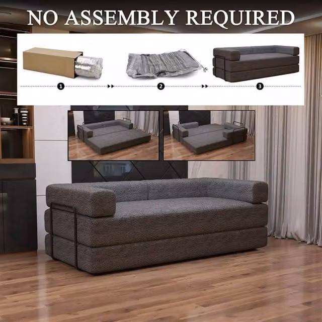 Sliding Wardrobes 4U 3 Seater Convertible Sofa Bed in Grey Sherpa Fabric with Metal Frame W/D/H: 203 x 72 x 72 cm