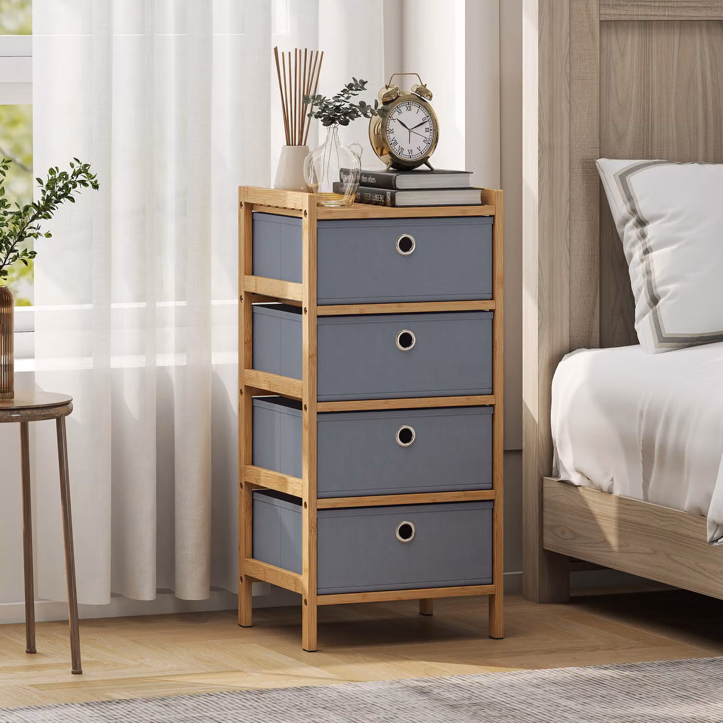HOMCOM Narrow Chest of Drawers with 4 Fabric Drawers and Bamboo Frame, Light Grey – 2