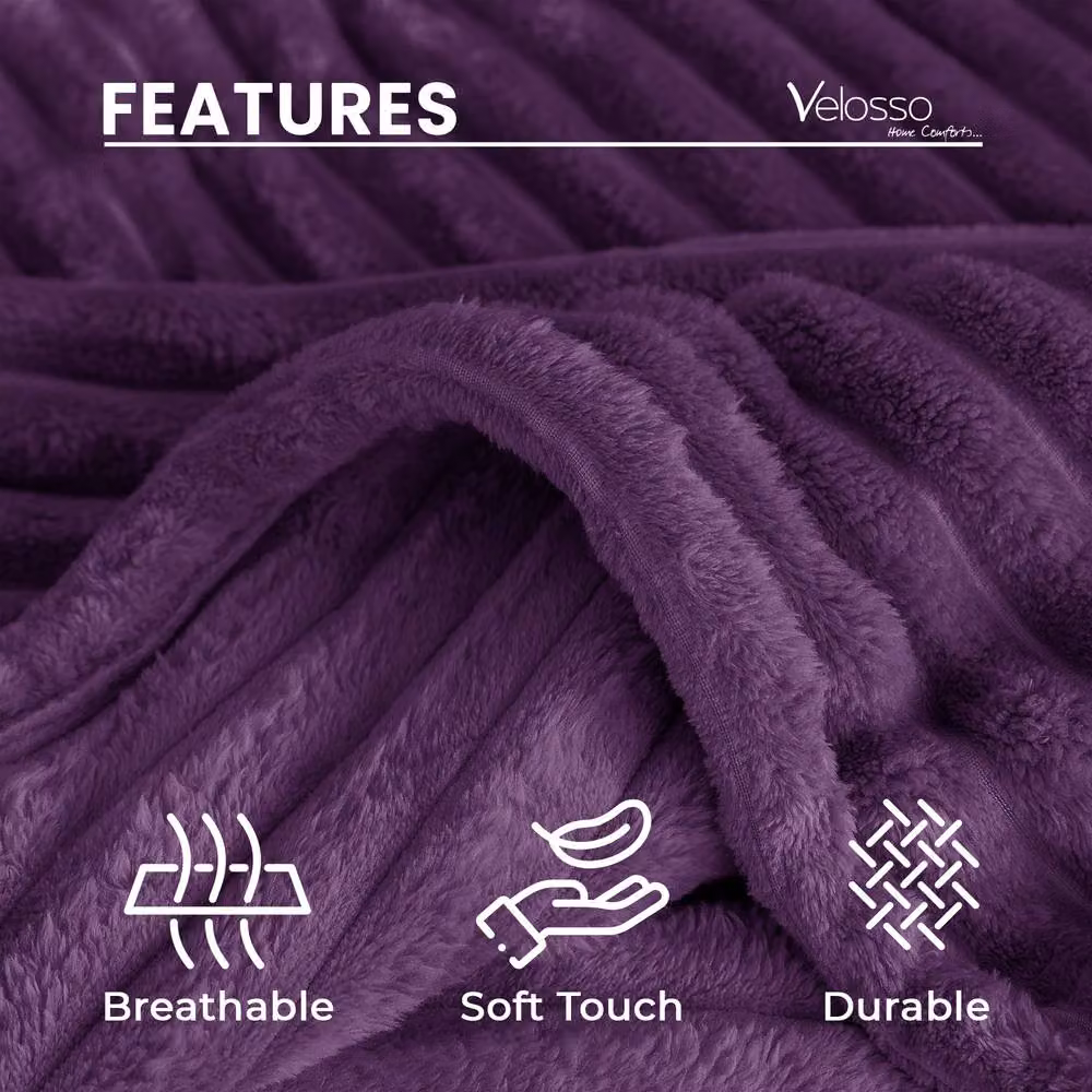 Velosso Super Soft Chunky Cord Blanket Throw in Aubergine Purple, W: 200 cm, D: 240 cm – 2