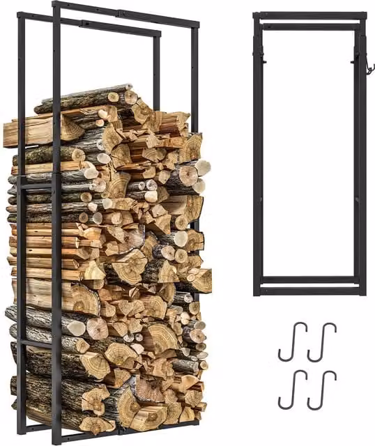 Outsunny Retractable Metal Firewood Log Holder Rack with Hooks, Black – 1