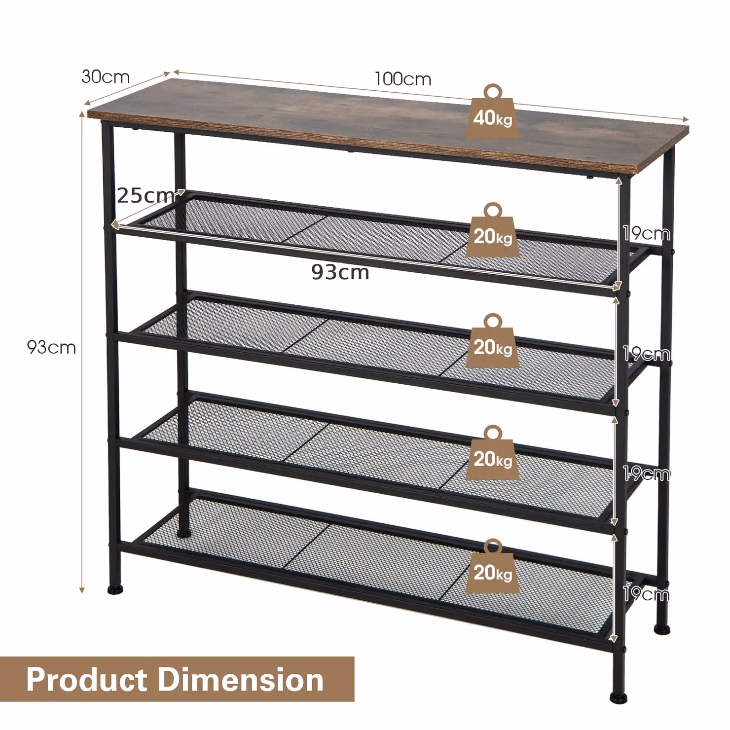 Costway 5-Tier Industrial Shoe Rack with Wooden Top and Black Mesh Shelves in Light Brown – 2