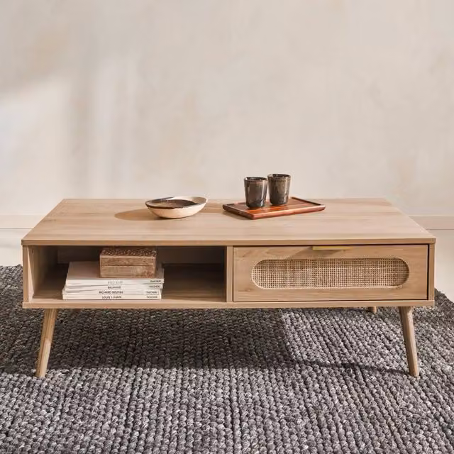 sweeek Modern Rectangular Wood and Rounded Cane Rattan Coffee Table in Brown, W/D/H: 110.0 x 39.0 cm – 1