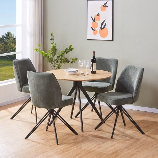 Aspen Light Oak Round Dining Table with 4 Green Swivel Chairs