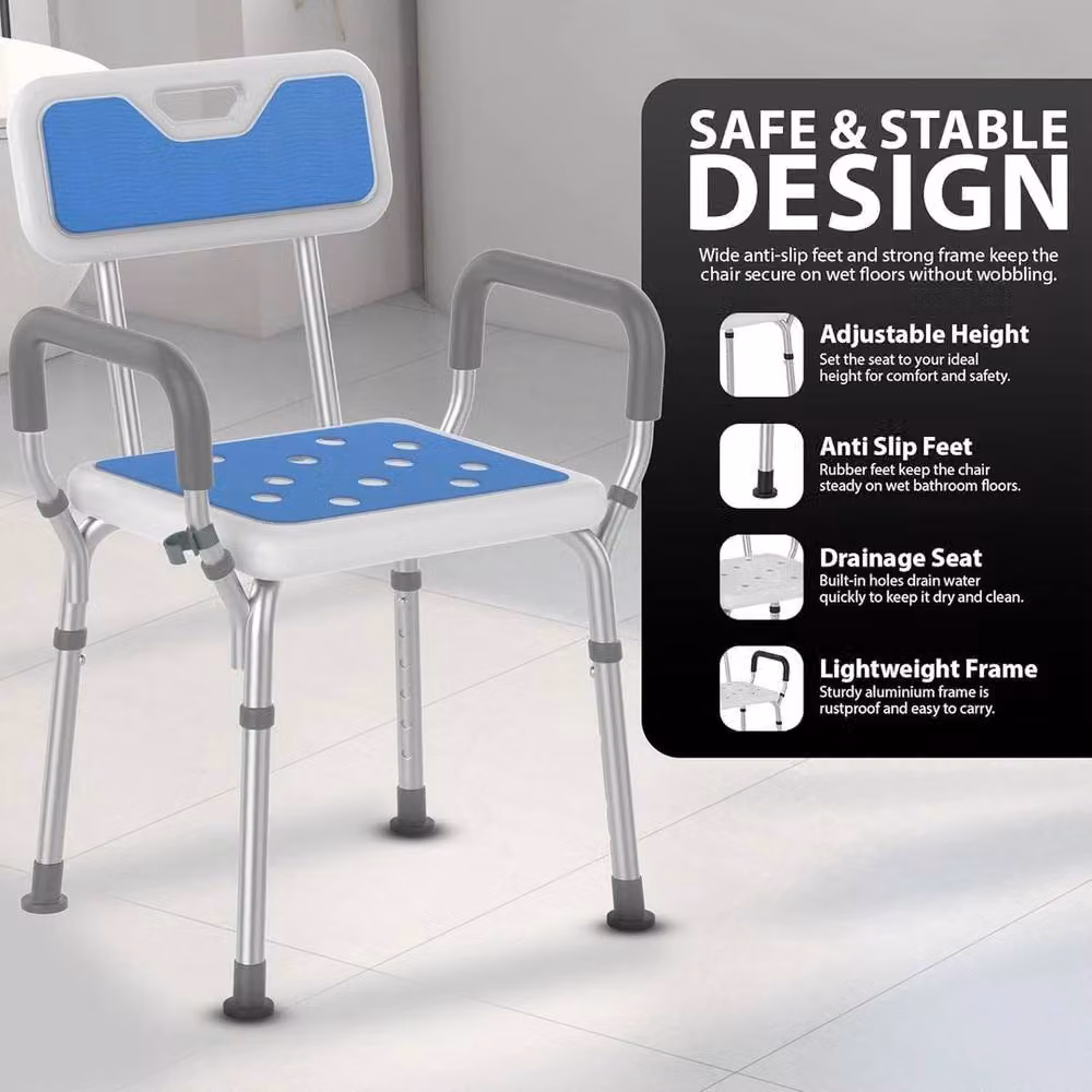 Kelvenix Blue Bathroom Shower Stool with Height Adjustable Non-Slip Legs – 3