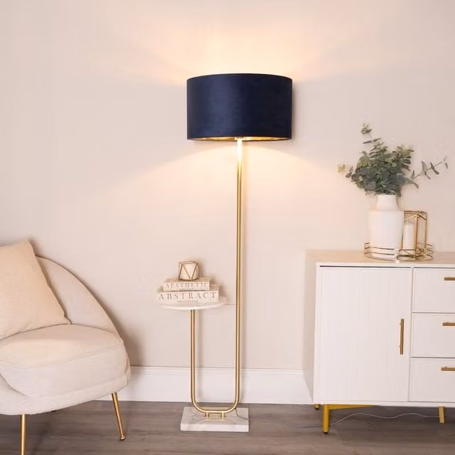 ValueLights Tavel Gold Floor Lamp with Dark Navy Velvet Drum Shade and Gold Inner Shade including Bulb