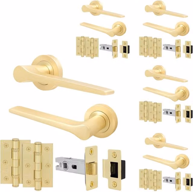 AFIT Brass Door Handle Latch and Hinge Set in Gold, 5 Pack – 1