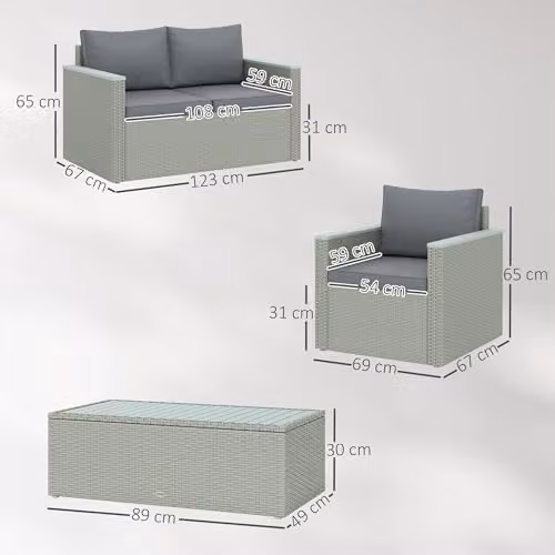 Outsunny 4 Piece Rattan Garden Furniture Set in Light Grey with Upholstered Cushions and Powder Coated Steel Frame – 5