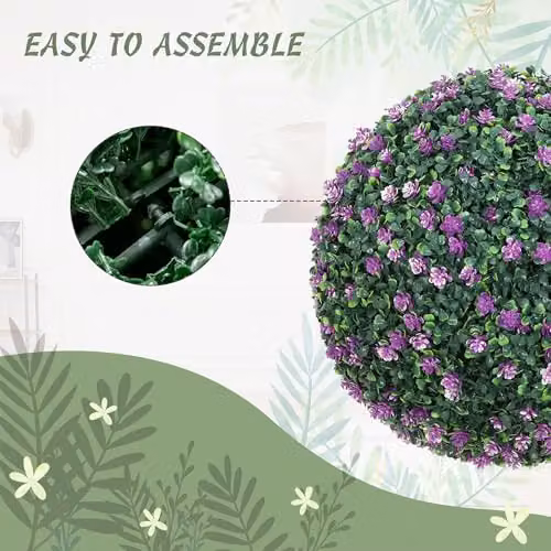 HOMCOM Set of 2 Purple Artificial Hanging Topiary Balls with Floral Accents, 40 cm – 4