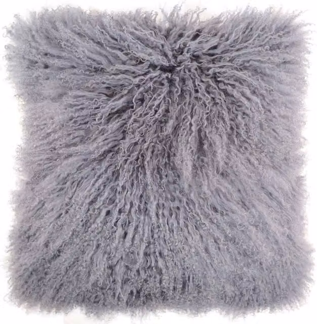 SNUGRUGS Grey Mongolian Long Curly Wool Sheepskin Cushion with Inner, W/D/H: 40 x 40 x 40 cm