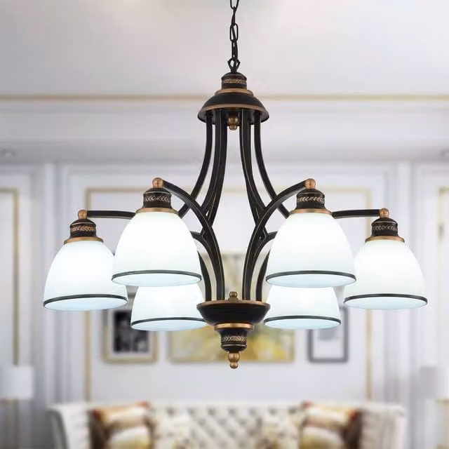 NIVOR Classic 6-Light Bell Pendant Chandelier in Black and Gold with Frosted Glass and E27 Sockets