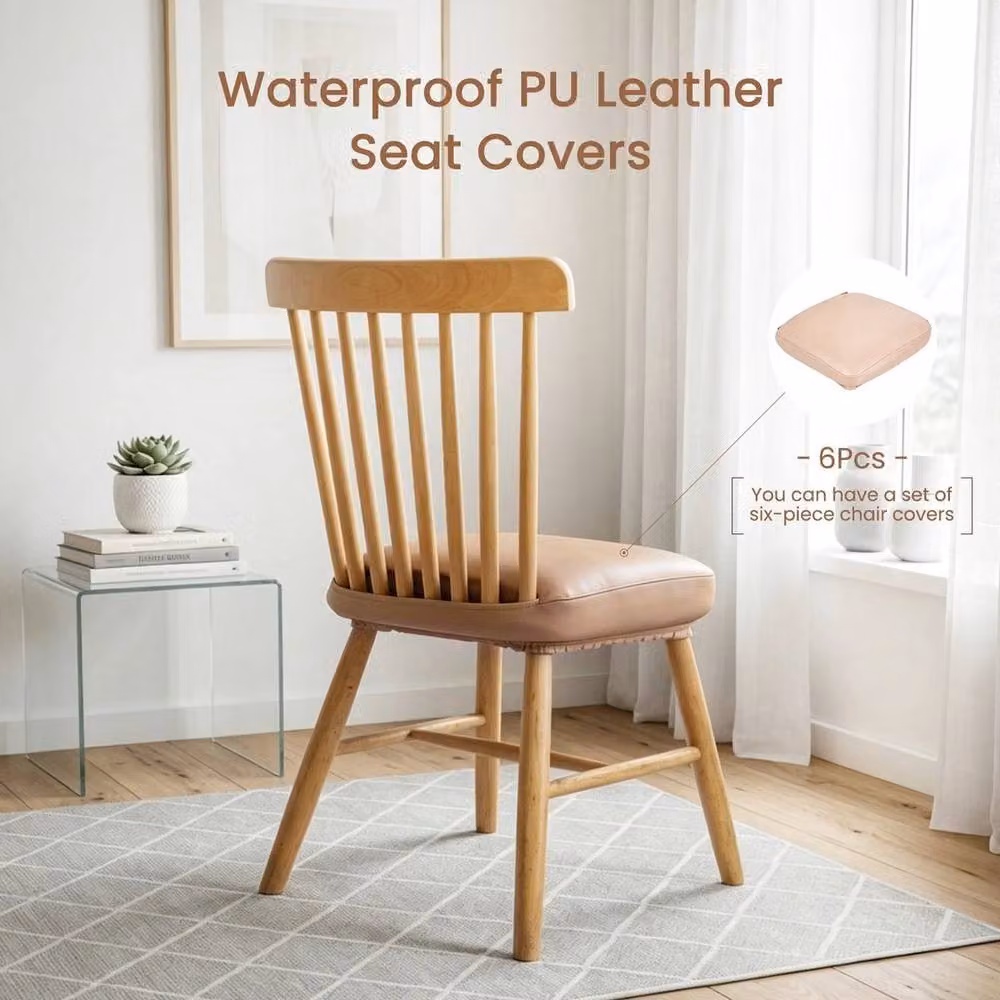 KORVIXA 6-Piece Stretch PU Leather Dining Chair Seat Covers in Tan, W/D: 125 x 150 cm – 2