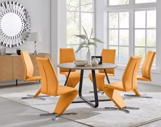 FurnitureboxUK Santorini Round Brown Wood Effect Dining Table and 6 Mustard Willow Chairs