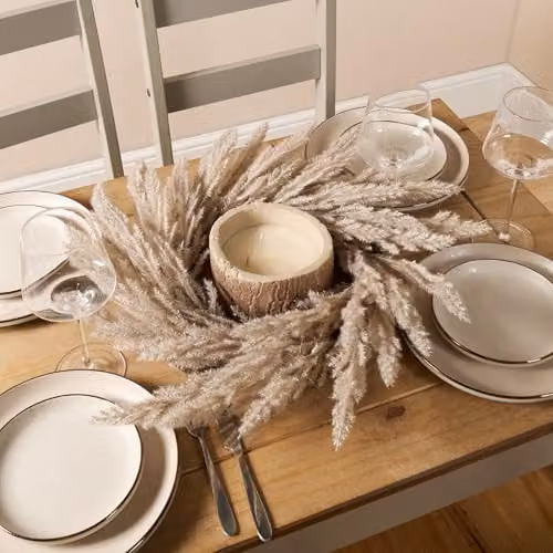 OHS Beige Artificial Floral Pampas Wreath for Summer and Spring Decor, Diameter: 55 cm – 2