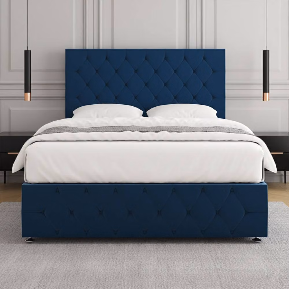 Regional Furnishings Blue Plush Velvet Upholstered Divan Bed with 24 inch Headboard and Footboard, Double, W: 140 cm, L: 200 cm – 2