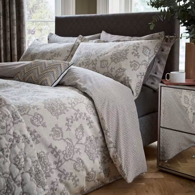 Bedeck Of Belfast Canna Reversible Single Duvet Cover, Grey Cotton Jacquard Floral – 1