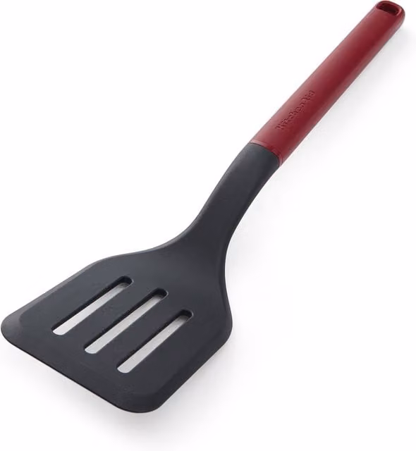 KitchenAid Red and White Heat Resistant Nylon and Silicone Slotted Turner with Hanging Loop, Non-Scratch and Dishwasher Safe