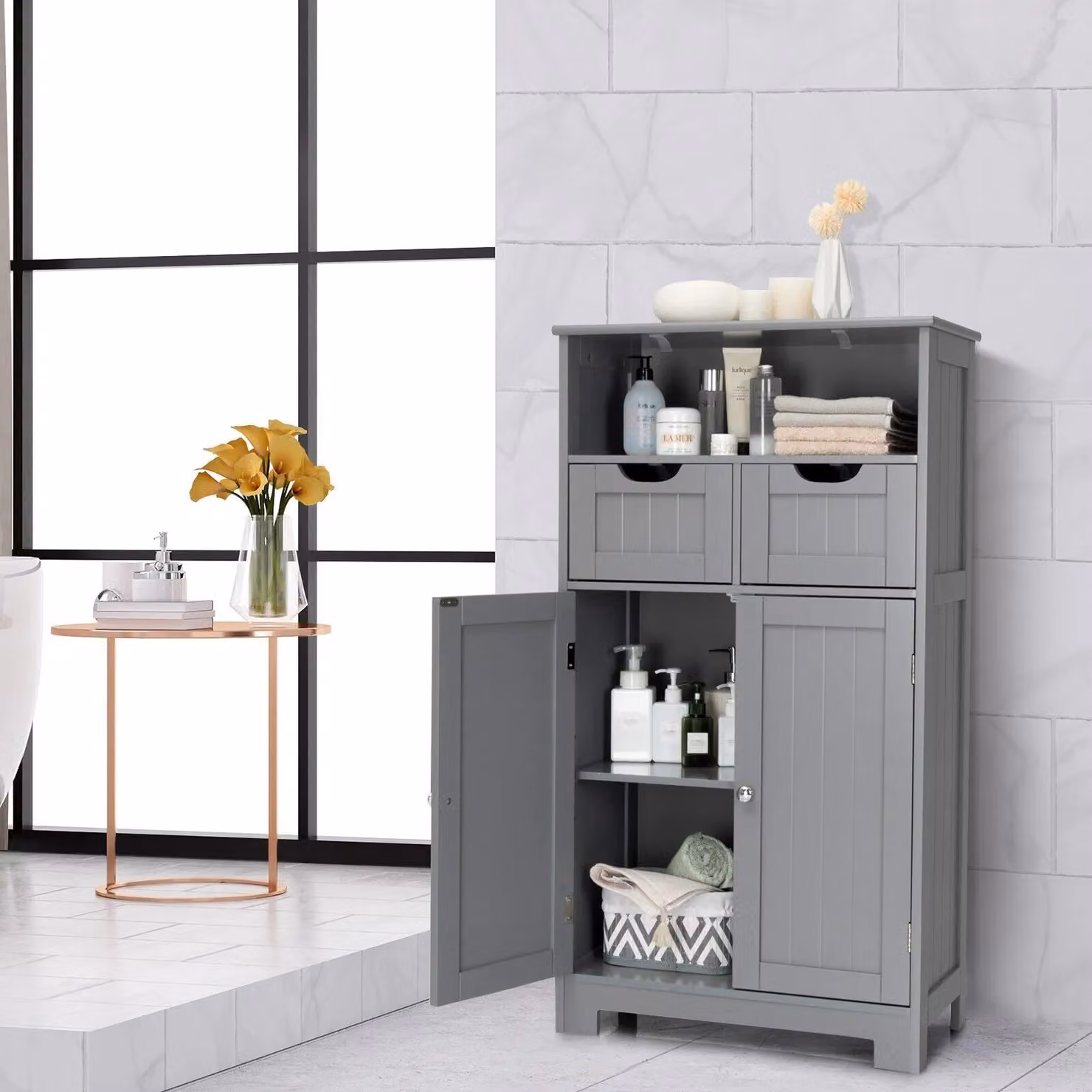 Costway Grey Wooden Bathroom Floor Cabinet with Adjustable Internal Shelves and Hinged Doors – 4