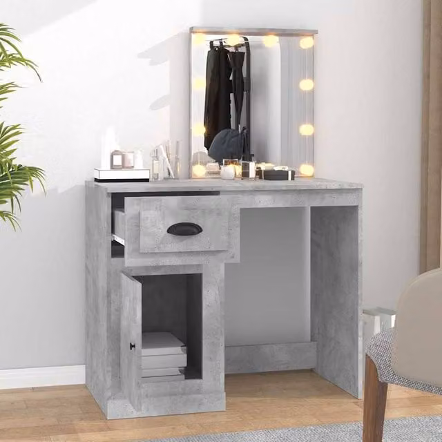 Berkfield Home Modern White and Grey Dressing Table with Hollywood LED Mirror, W/D/H: 90 x 50 x 132.5 cm