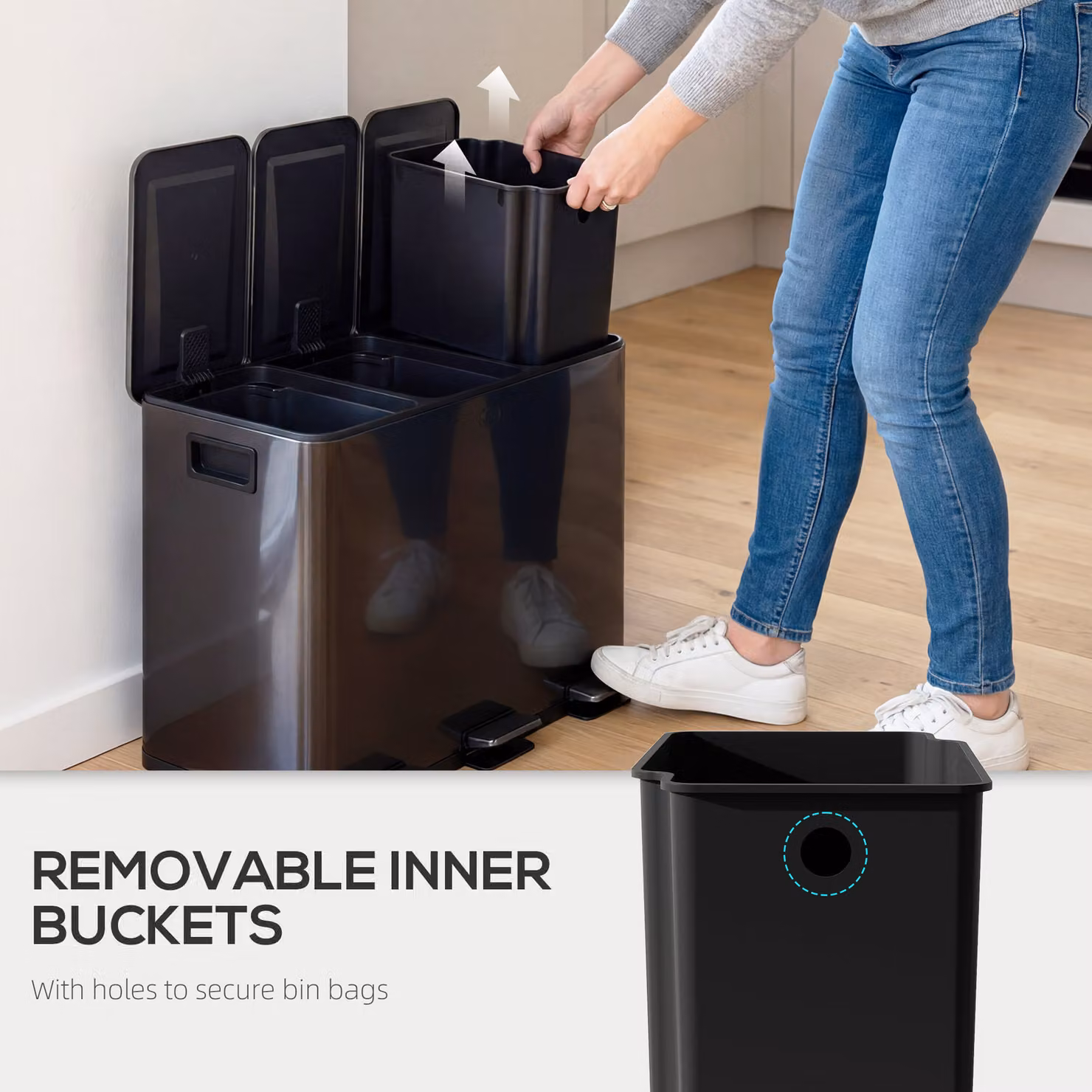 HOMCOM Triple Steel Pedal Bin with Soft Close Lids and Removable Inner Buckets, Black – 7