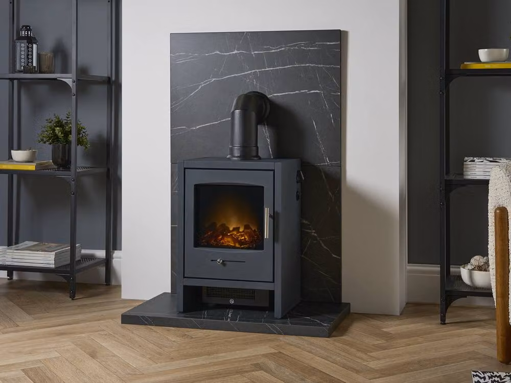 Acantha Fires & Fireplaces Bergen Electric Stove and Angled Pipe with Black Marble Effect Tile and Hearth Set – 2