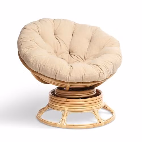 Desser Natural Rattan Papasan Chair with 360 Degree Swivel and Thick Beige Cushion – 1