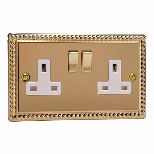 Varilight Double Switched Flush Socket in Gold and White with Brass Plate
