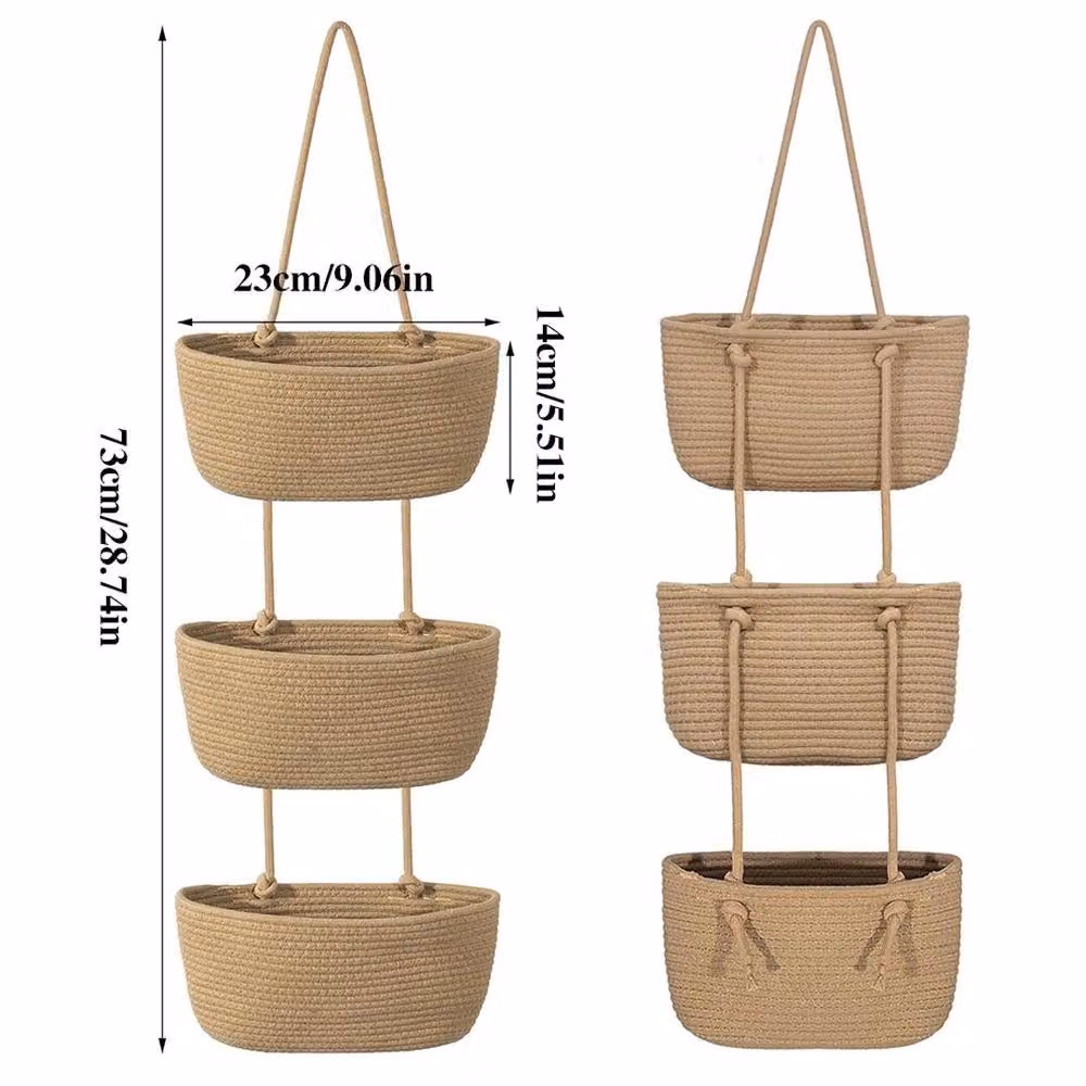 EONLION 3-Tier Over the Door Hanging Storage Basket in Brown with Open Weave Rattan and Seagrass Design, Width: 50 cm – 2