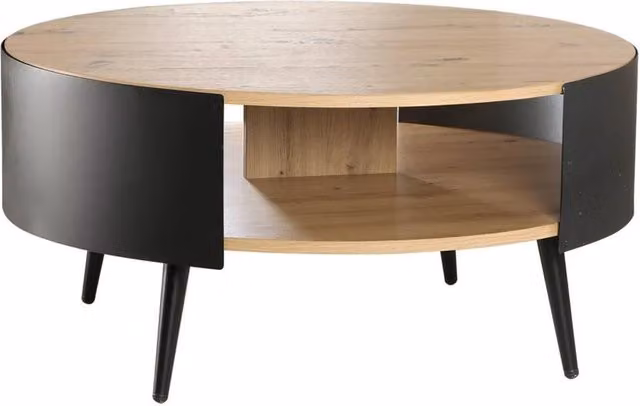 CALICOSY Round 2-Tier Coffee Table in Light Oak and Black Metal, Diameter: 80 cm, Height: 39 cm – 1