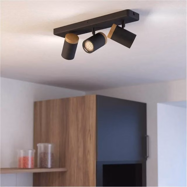Loops Modern Triple LED Bathroom Ceiling Spotlight in Black and Brown with Adjustable GU10 Downlights – 1