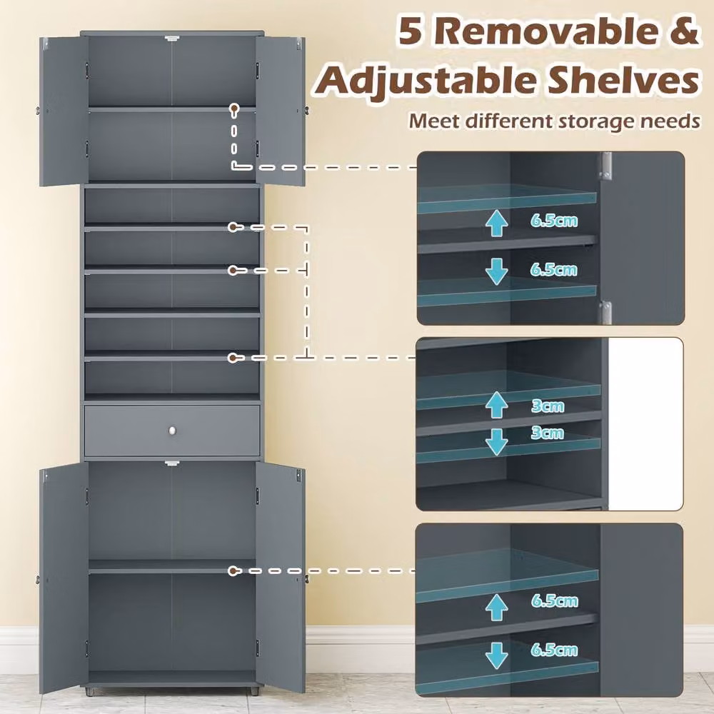 Costway Grey Tall Kitchen Buffet Pantry Storage Cabinet with Drawer and Hinged Doors – 7