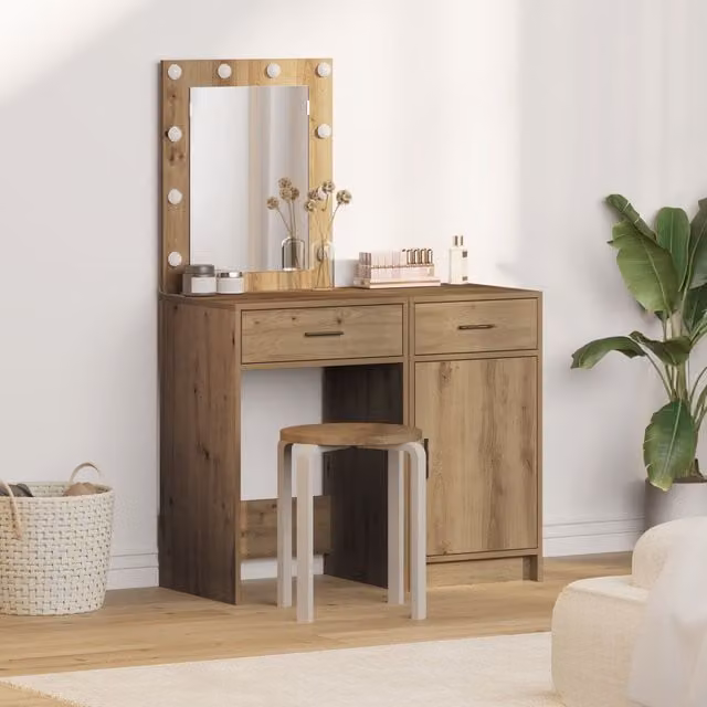 Berkfield Home 2-Piece Hollywood LED Dressing Table Set in Artisan Oak Brown