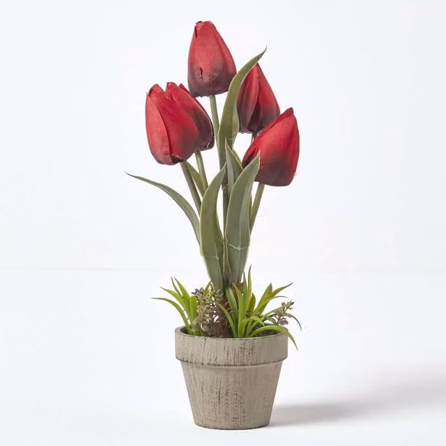 Homescapes Red Artificial Tulips in a Grey Decorative Stone Pot, Height: 27 cm – 1