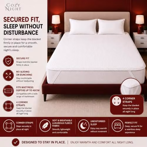 Cozy Night King Size White Fleece Electric Blanket with Dual Control and 3 Heat Settings, W: 152 cm, L: 200 cm – 3