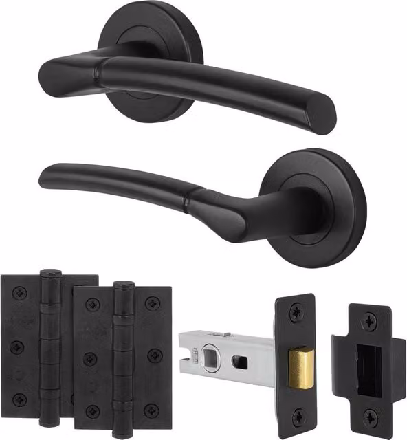 AFIT Black Matt Round Rose Internal Lever Door Handle with Latch and Hinges, 1 Pair, W/D/H: 15 x 15 x 1.5 cm