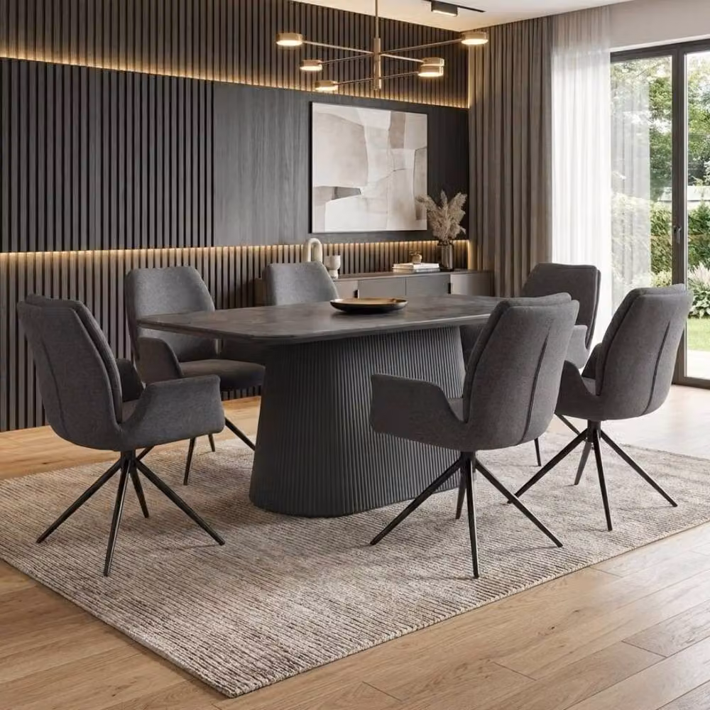 HOME LUXE INTERIOR Davos 180cm Grey Ceramic Oval Dining Table and 6 Fairmont Grey Swivel Chairs – 3