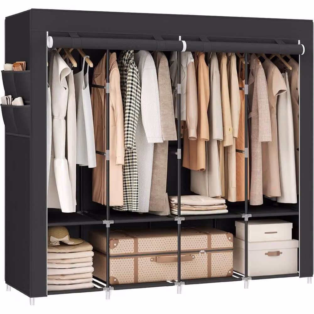 The Bazaarist Portable Wardrobe with 4 Hanging Rails and Internal Shelves, Black – 2