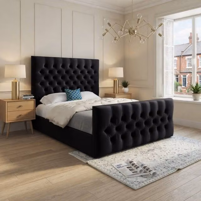 KDMD Workington Chesterfield Upholstered Black Soft Velvet Designer Bed Frame, W/D/H: 90 x 200 cm