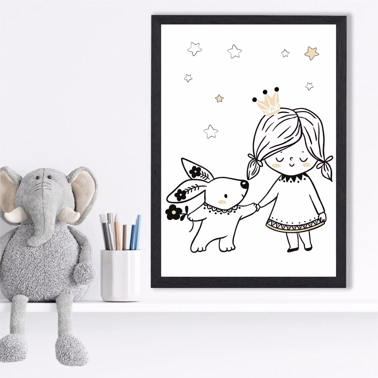 ARTZE Scandi Princess Little and Rabbit Framed Illustration in Black Frame – 2