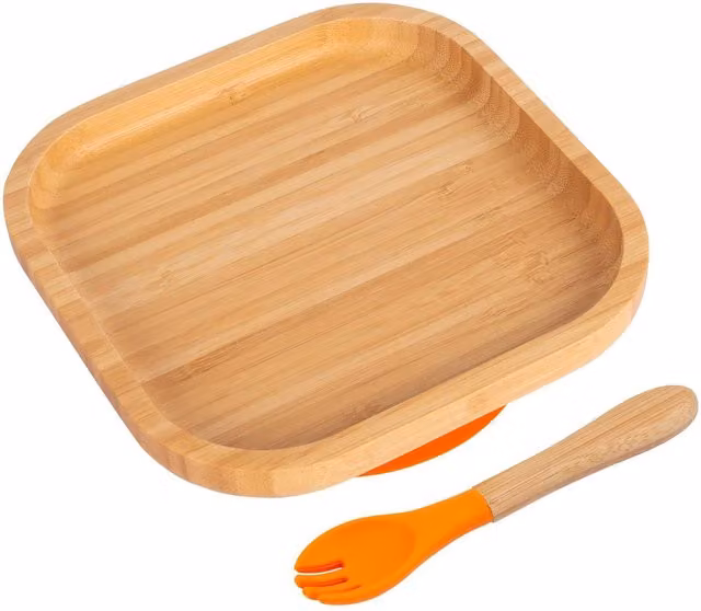 Tiny Dining Bamboo Square Baby Weaning Plate and Fork Set, Orange