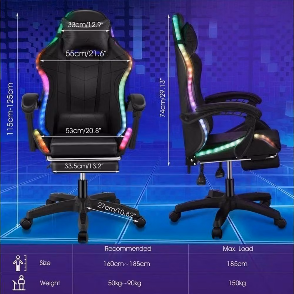 EONLION Gaming Chair with LED Lights in Black, featuring Synthetic Leather, Height Adjustment and 360 Degree Swivel – 2