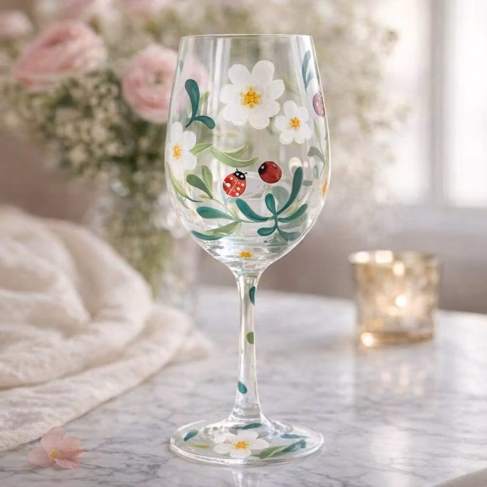 Lesser & Pavey Lynsey Johnstone Hand Painted Wine Glass with Daisy and Ladybird Design, 400ml – 2