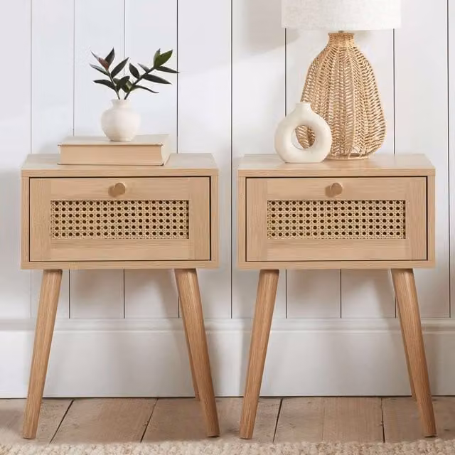 Croxley Pair of Oak Bedside Tables with 1 Drawer Each and Rattan Details