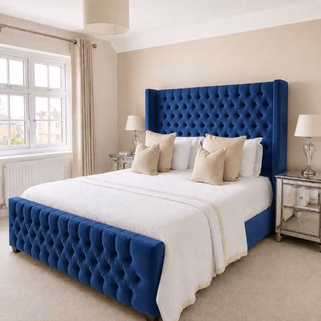 Bellavita Blue Velvet Gas Lift Storage Bed with Chesterfield Tufted Headboard