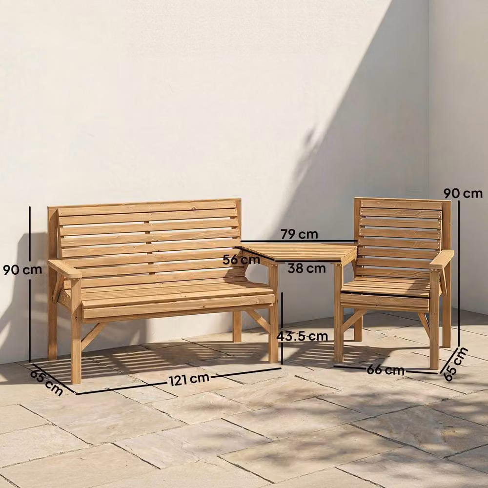 OUTSUNNY Rustic Treated Hardwood Garden Furniture Set with Detachable Table and Parasol Hole in Brown and Beige – 3
