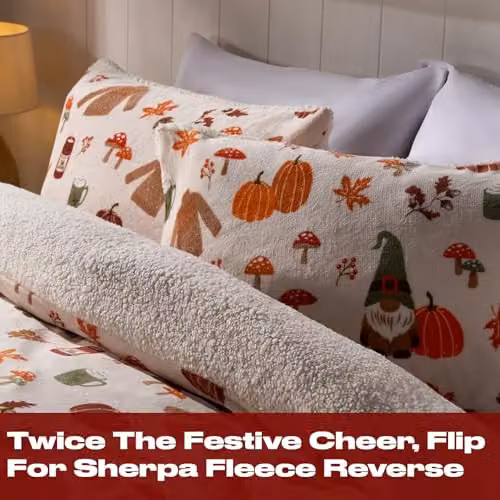 OHS Reversible Gonk Print Sherpa Fleece Duvet Cover and Pillowcase Set, Rust, Multicolour, W/D/H: 140 x 200 cm – 2