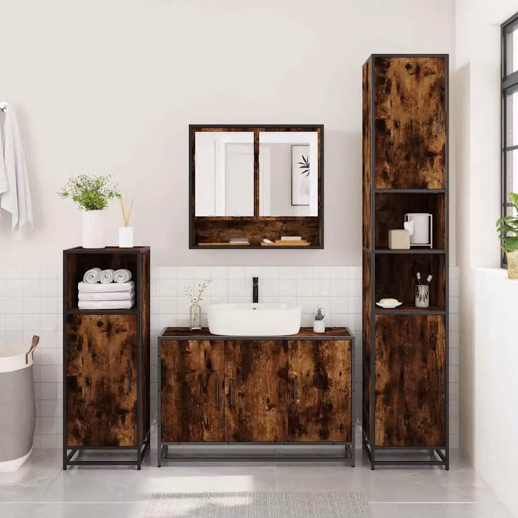 Berkfield Home 2 Piece Industrial Bathroom Furniture Set with Vanity Unit and Mirror Cabinet in Smoked Oak Brown – 2