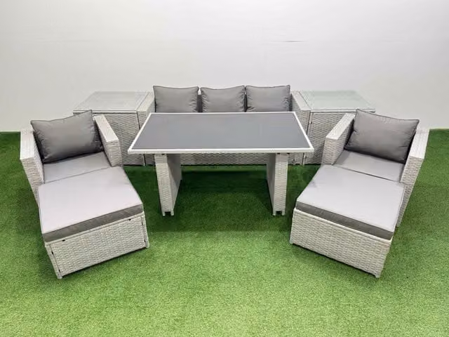 Fimous Modern Patio Garden Furniture Set with Light Grey Rattan Armchairs and Black Glass Top Table